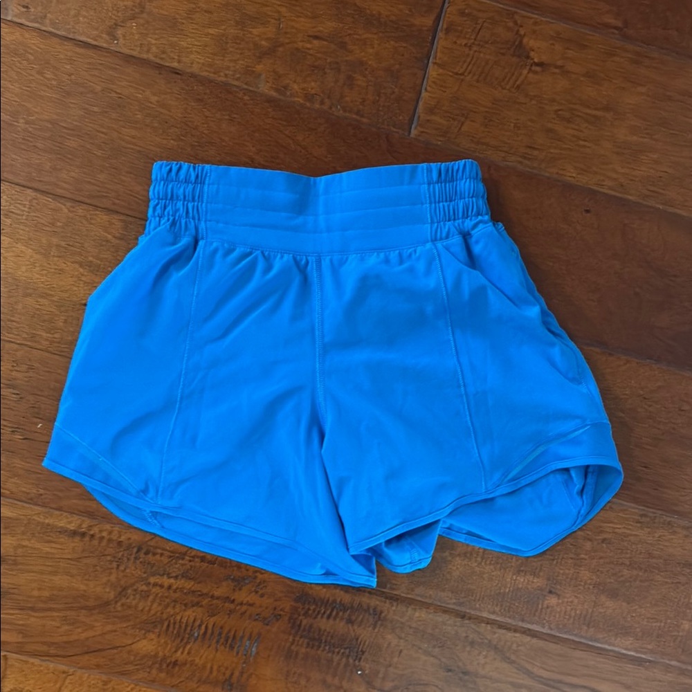 Blue Lululemon high rise running shorts